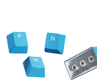 Blue keycaps with letters and a keycap puller tool